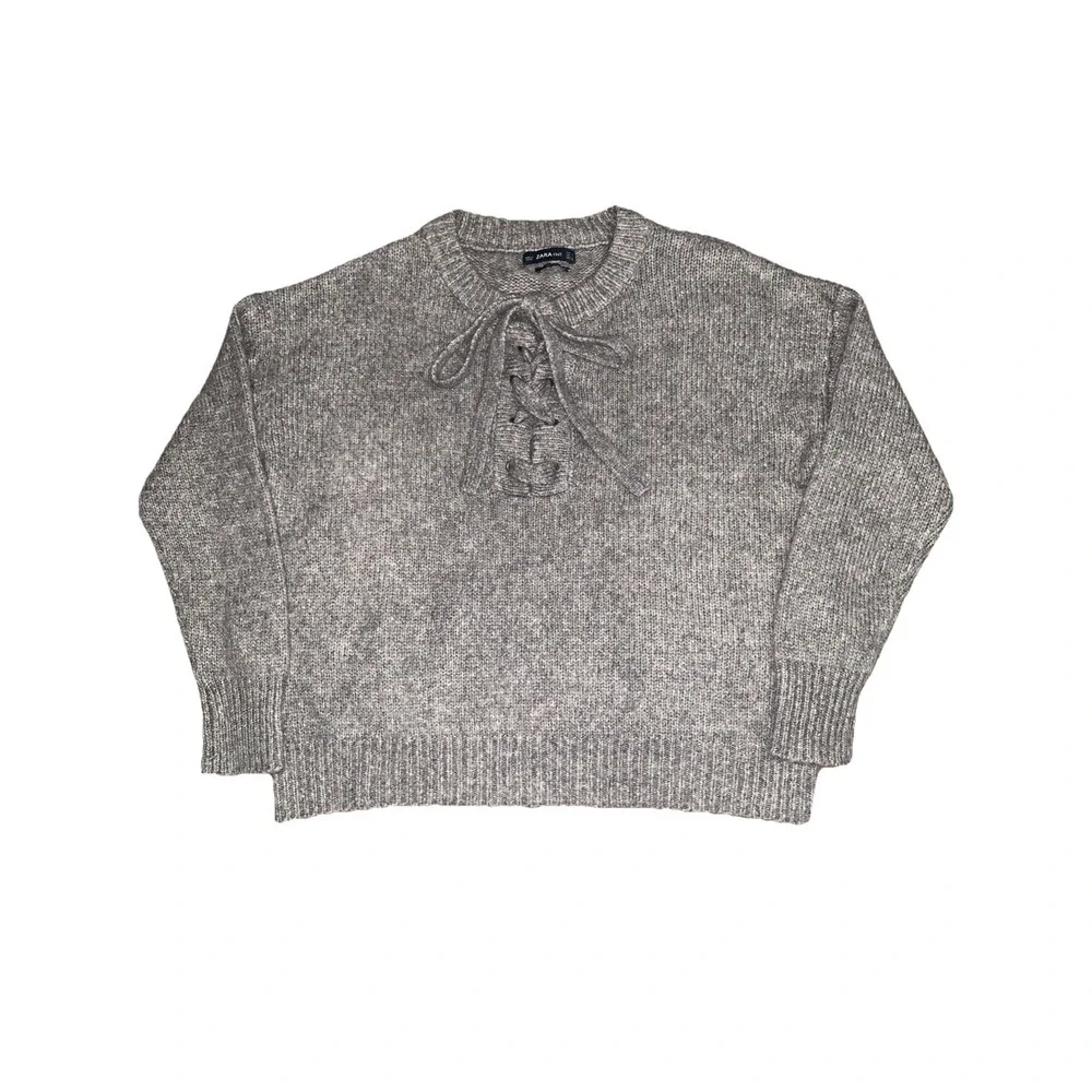 Zara Sweater Womens M Knit Wool Blend Boxy Tie Front Pullover Gray Preppy Casual